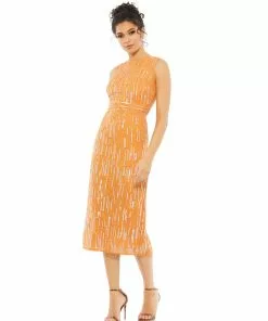 Mac Duggal Shop For Abstract Beaded Sleeveless Midi Dress