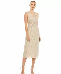 Mac Duggal Shop For Sequined Sleeveless V-Neck Midi Sheath Dress