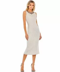 Mac Duggal Sequined Jeweled Neckline Midi Sheath Dress