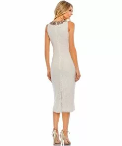 Mac Duggal Sequined Jeweled Neckline Midi Sheath Dress
