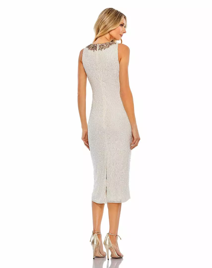 Mac Duggal Sequined Jeweled Neckline Midi Sheath Dress 2 Mac Duggal Sequined Jeweled Neckline Midi Sheath Dress