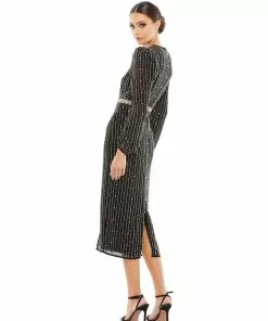Mac Duggal Embellished Long Sleeve Puff Shoulder Midi Dress Shop For