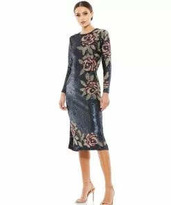 Mac Duggal Shop For Long Sleeve Sequined Floral Beaded Cocktail Dress