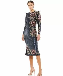 Mac Duggal Shop For Long Sleeve Sequined Floral Beaded Cocktail Dress