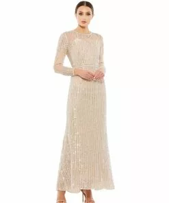 Mac Duggal Sequined Illusion High Neck Long Sleeve Trumpet Gown Shop For