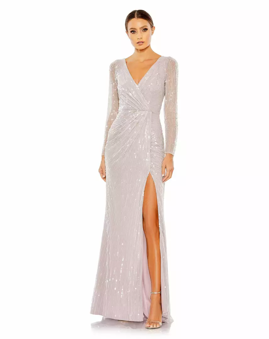 Mac Duggal Sequined Faux Wrap Long Sleeve Gown 4 Mac Duggal Sequined Faux Wrap Long Sleeve Gown