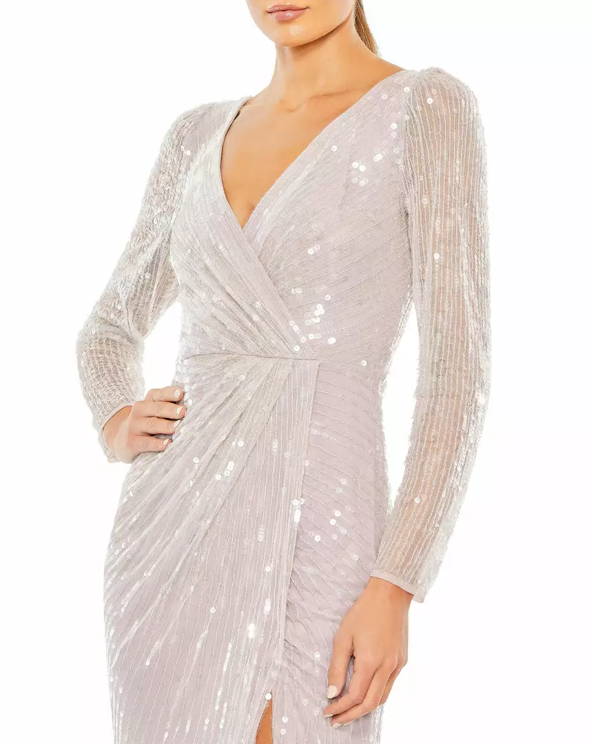 Mac Duggal Sequined Faux Wrap Long Sleeve Gown 6 Mac Duggal Sequined Faux Wrap Long Sleeve Gown