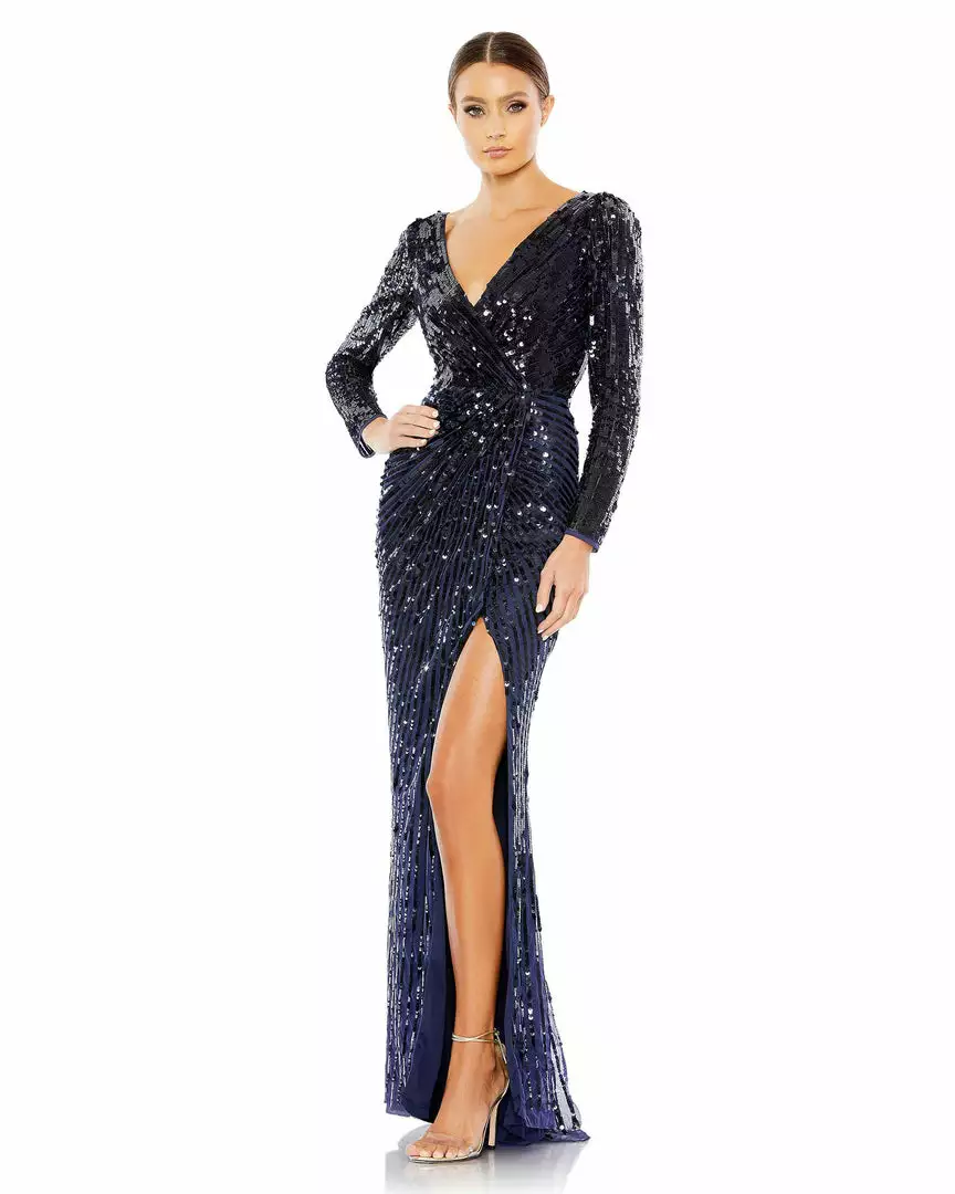 Mac Duggal Sequined Faux Wrap Long Sleeve Gown 1 Mac Duggal Sequined Faux Wrap Long Sleeve Gown