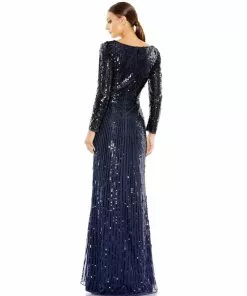 Mac Duggal Sequined Faux Wrap Long Sleeve Gown