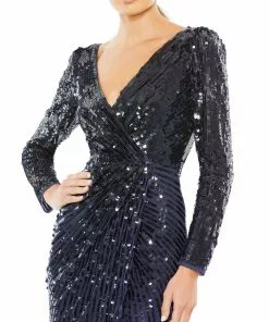 Mac Duggal Sequined Faux Wrap Long Sleeve Gown 8 Mac Duggal Sequined Faux Wrap Long Sleeve Gown