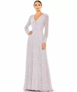 Mac Duggal Sequined Lace Long Sleeve Wrap Over Gown