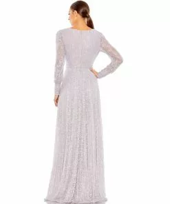 Mac Duggal Sequined Lace Long Sleeve Wrap Over Gown