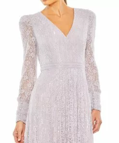 Mac Duggal Sequined Lace Long Sleeve Wrap Over Gown