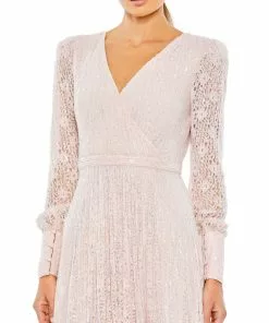 Mac Duggal Sequined Lace Long Sleeve Wrap Over Gown