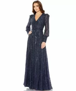 Mac Duggal Sequined Lace Long Sleeve Wrap Over Gown
