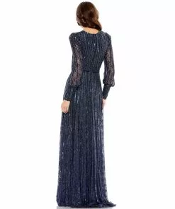 Mac Duggal Sequined Lace Long Sleeve Wrap Over Gown