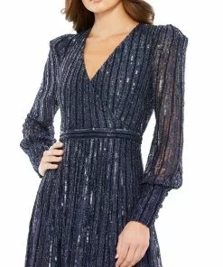 Mac Duggal Sequined Lace Long Sleeve Wrap Over Gown