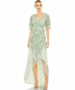 Mac Duggal Sequined Butterfly Sleeve High Low Gown