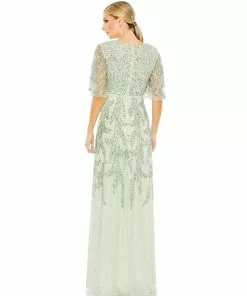 Mac Duggal Sequined Butterfly Sleeve High Low Gown