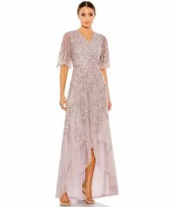 Mac Duggal Sequined Butterfly Sleeve High Low Gown