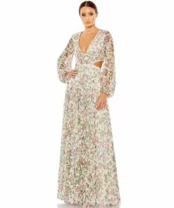 Mac Duggal Sequined Floral Print Cut Out Lace Up Gown