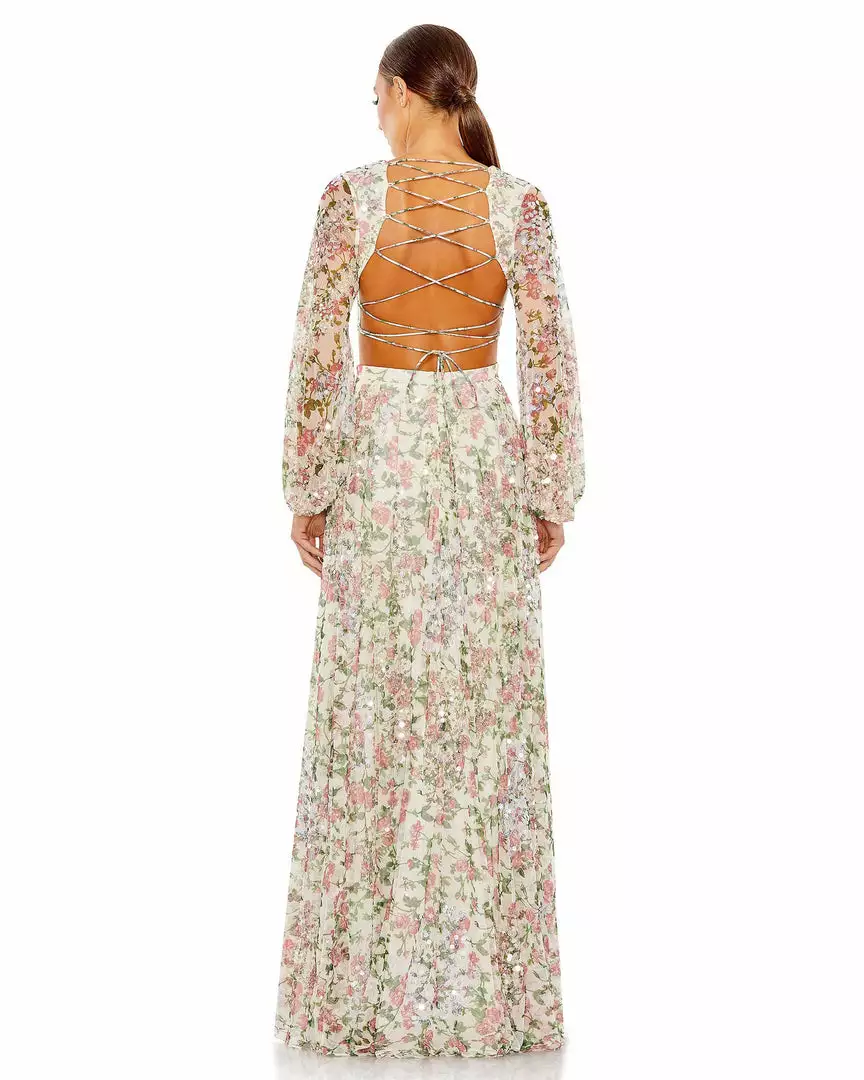 Mac Duggal Sequined Floral Print Cut Out Lace Up Gown 2 Mac Duggal Sequined Floral Print Cut Out Lace Up Gown