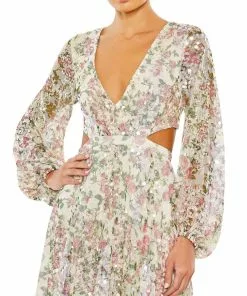 Mac Duggal Sequined Floral Print Cut Out Lace Up Gown 5 Mac Duggal Sequined Floral Print Cut Out Lace Up Gown