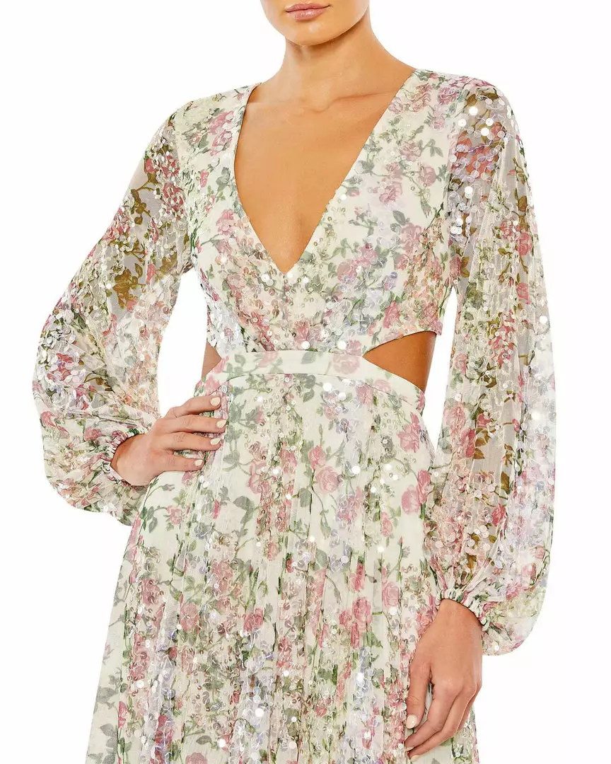 Mac Duggal Sequined Floral Print Cut Out Lace Up Gown 3 Mac Duggal Sequined Floral Print Cut Out Lace Up Gown