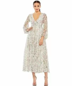 Mac Duggal Shop For Embellished Floral Print Faux Wrap A Line Dress