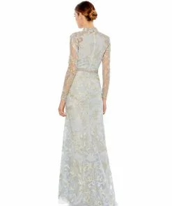 Mac Duggal Long Sleeve Applique V-Neck Gown