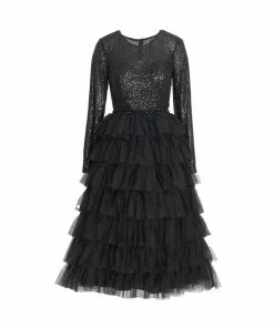 Ieena For Mac Duggal Shop For Black Sequined Layered Tulle A-Line Cocktail Dress